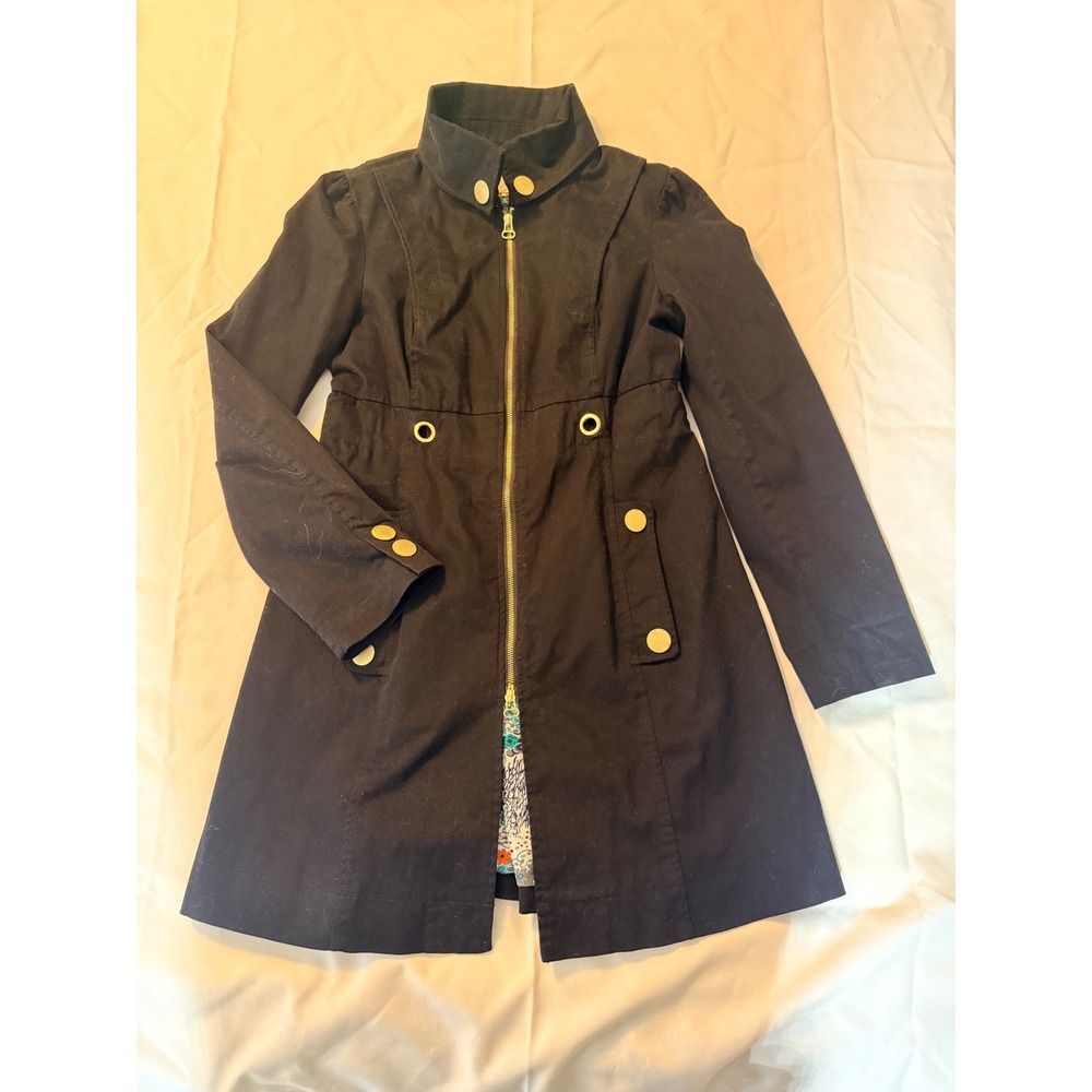Tulle Black Trench Coat Floral Lining Gold Hardware Puff Sleeve Jacket Large